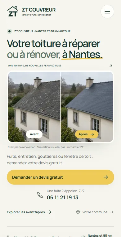L’accueil ZT Couvreur sur un téléphone.